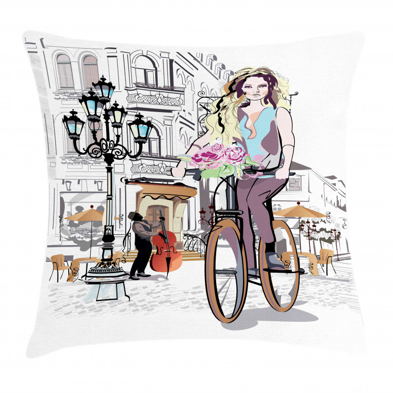 Lady Rides Bicycle Roses Pillow Cover