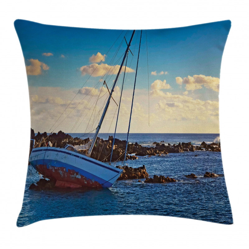 Yacht on Rocks Harbor Pillow Cover