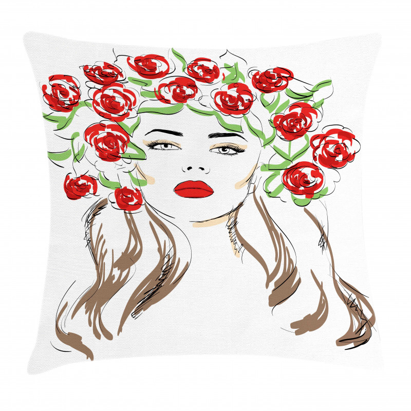 Lady with Floral Ornament Pillow Cover