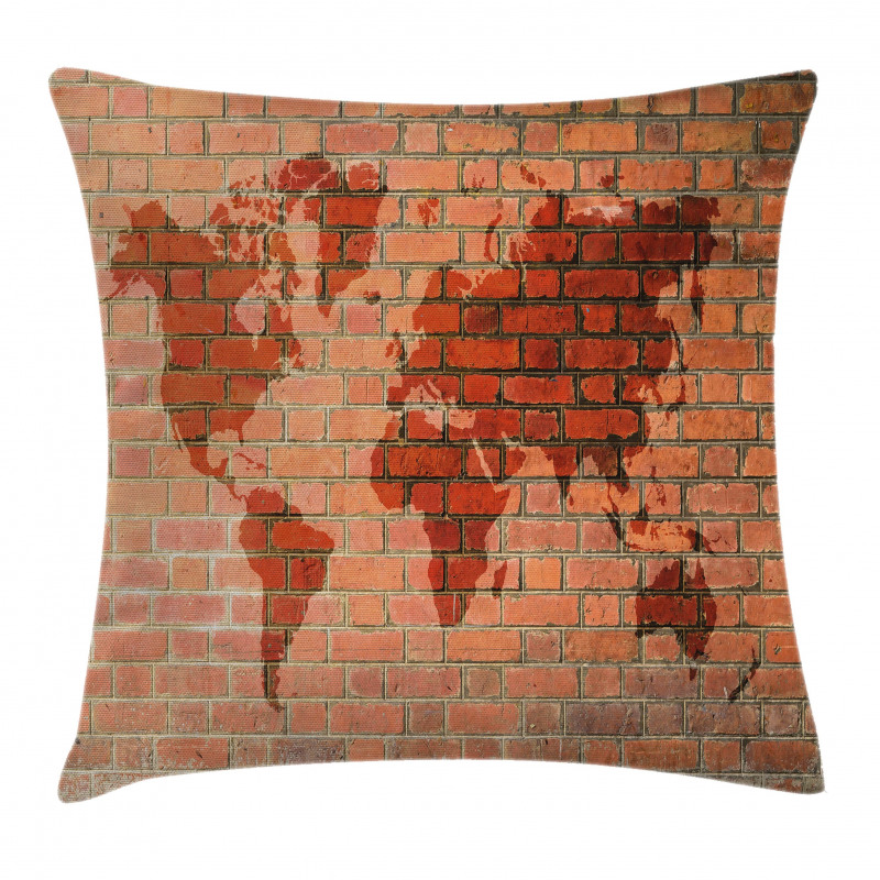 World Map on Brick Wall Pillow Cover