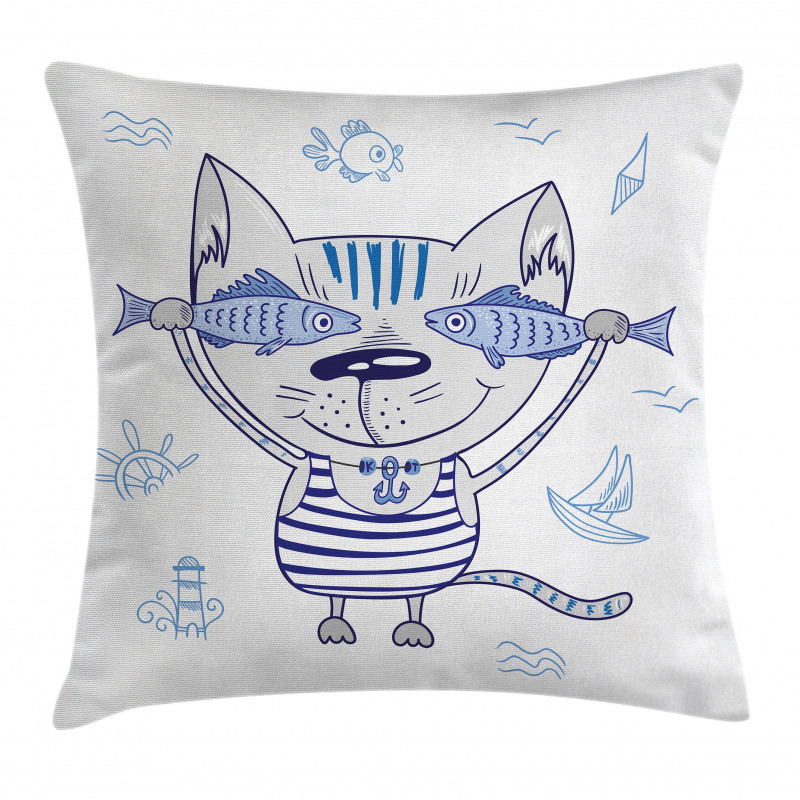 Kitty Holding Fishes Pillow Cover