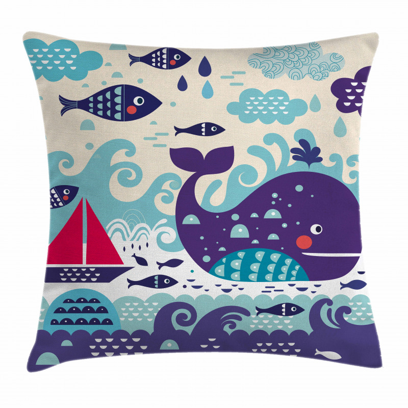 Cartoon Whale an Fishes Pillow Cover