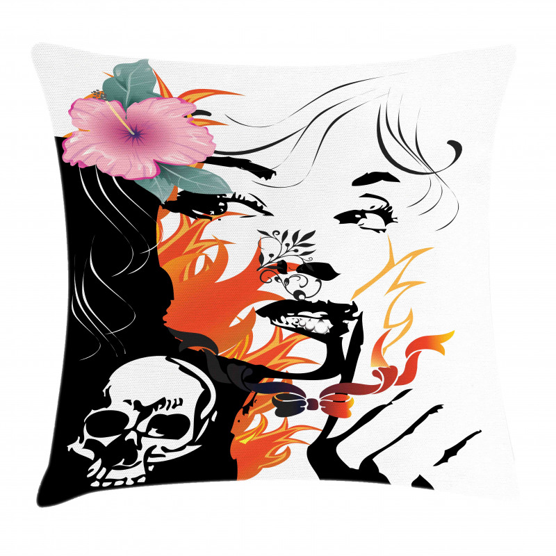 Pink Flower and Skull Pillow Cover