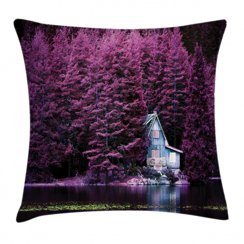 Purple Trees by Lake Pillow Cover