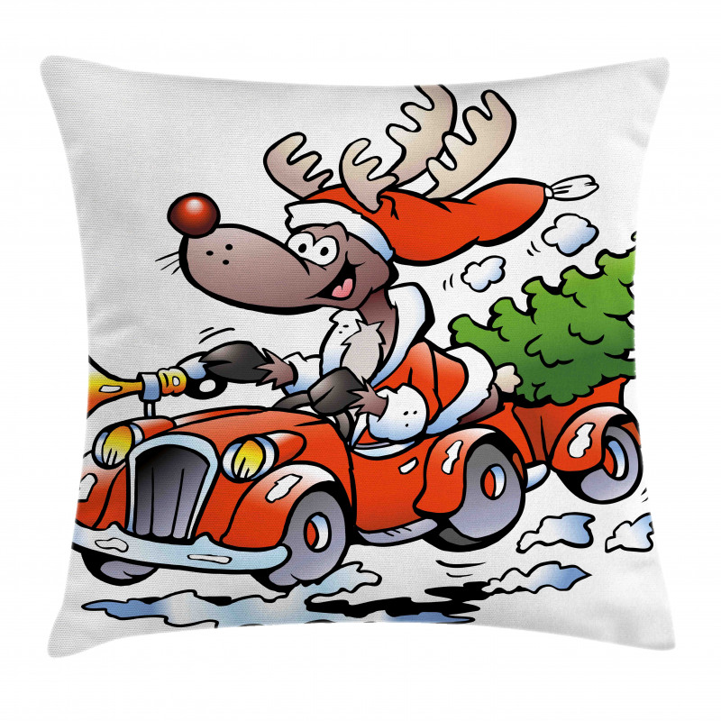Reindeer in Red Car Pillow Cover