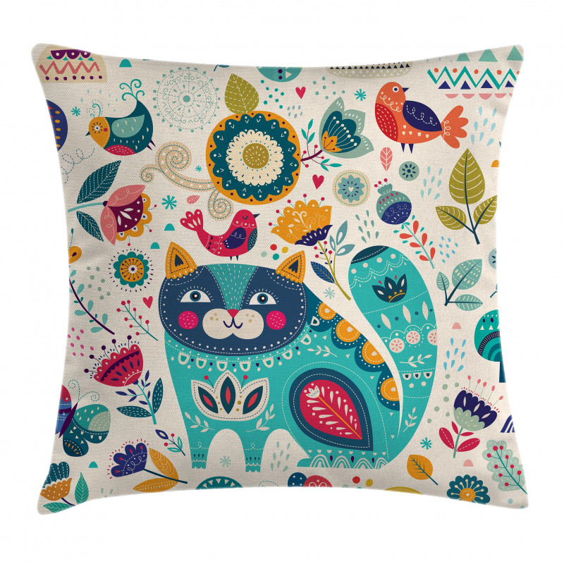 Cat with Birds Pillow Cover