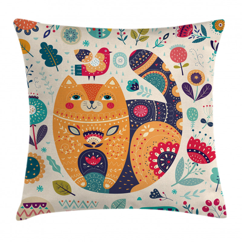 Cat and Flower Leaf Pillow Cover