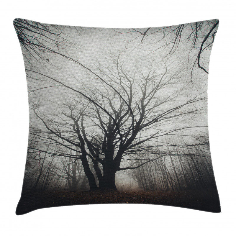 Autumn Tree in Fog Dark Pillow Cover