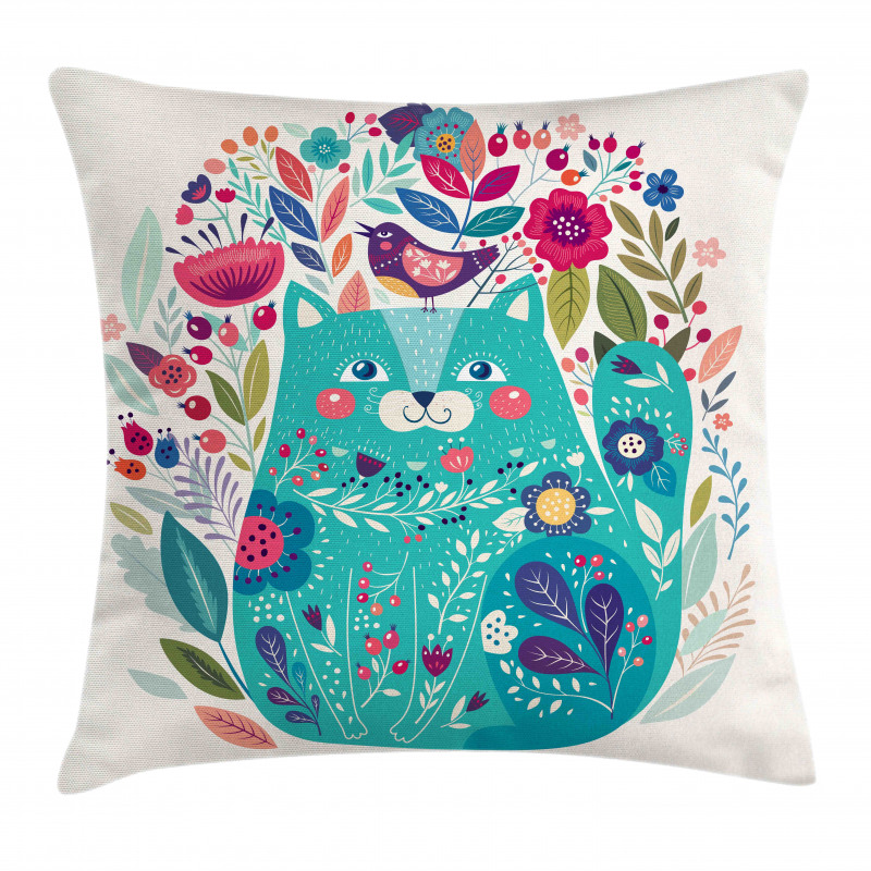 Kitty with Flower and Bird Pillow Cover