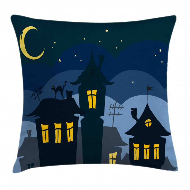 Cartoon Town with Cat Pillow Cover