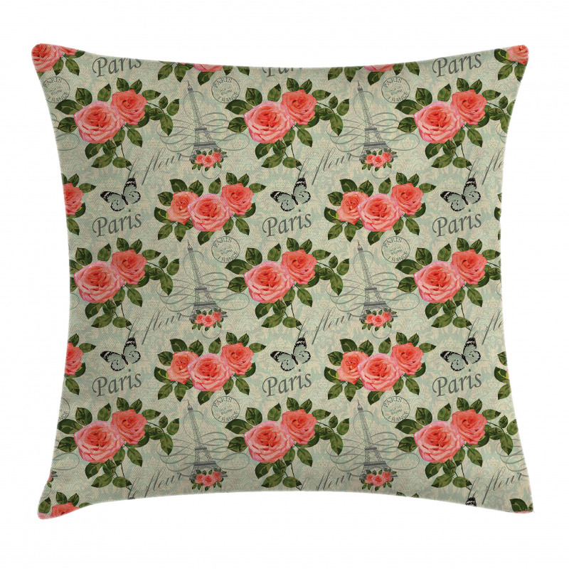 Paris Themed Flowers Pillow Cover