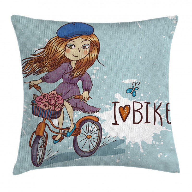Cartoon Girl with Bike Pillow Cover