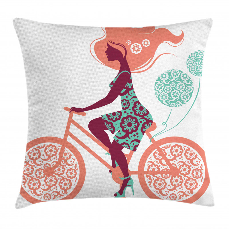 Coral Flowers Bikes Girl Pillow Cover