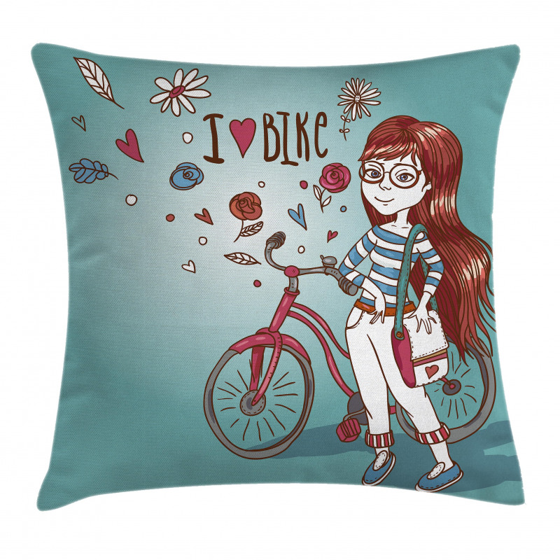 Girl with Bike Pillow Cover