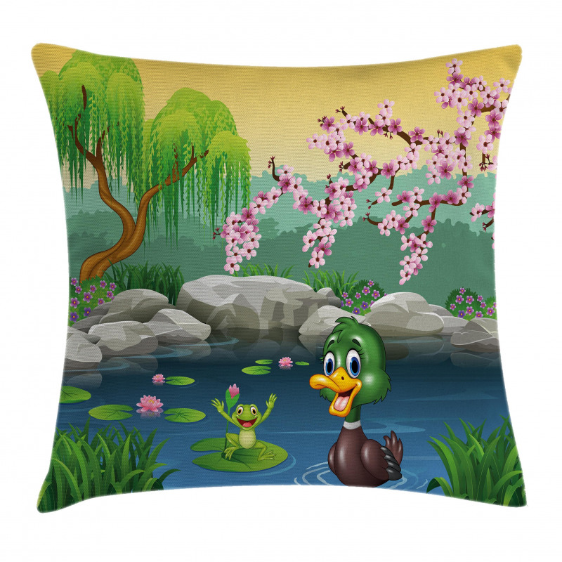 Duck and Frog in a Lake Pillow Cover
