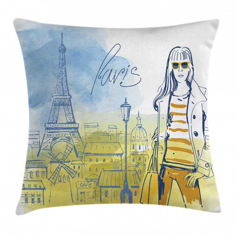 Girl at the Eiffel Tower Pillow Cover