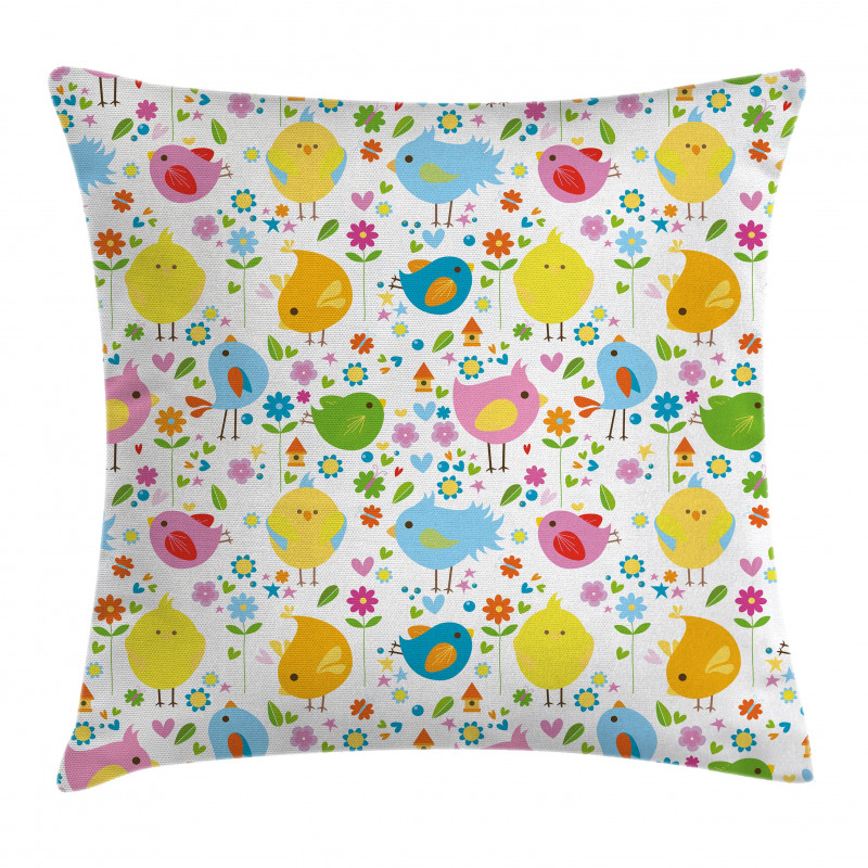 Colorful Birds and Flowers Pillow Cover