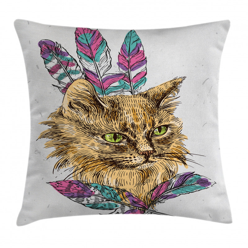 Cat with Colorful Feathers Pillow Cover