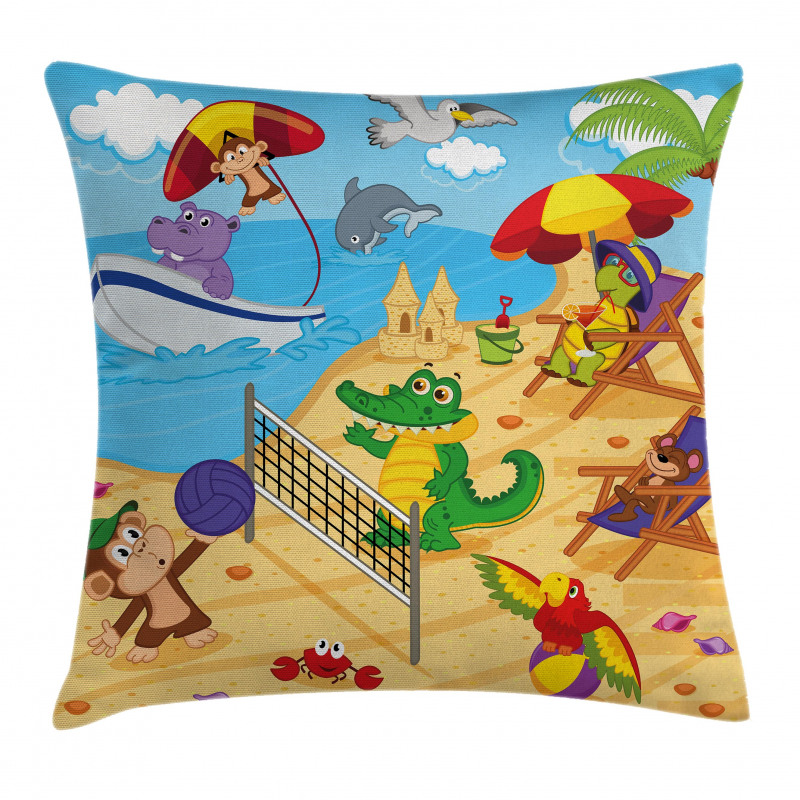 Cartoon Animals on Beach Pillow Cover