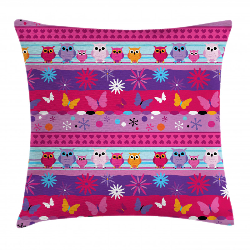 Cartoon Owls and Flowers Pillow Cover