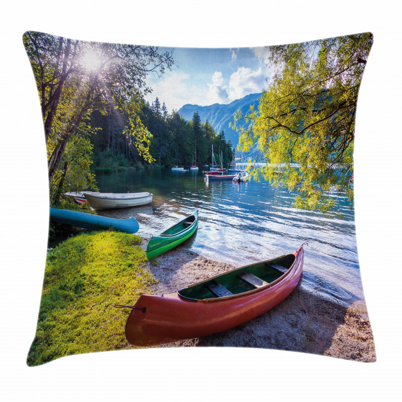Bohinj Lake with Boats Pillow Cover