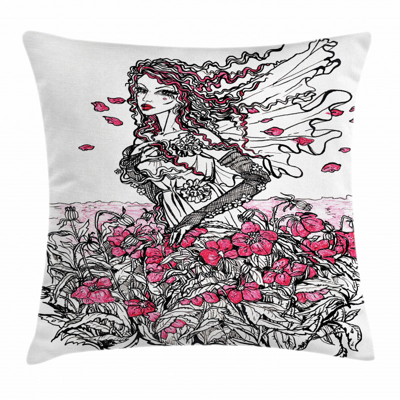 Woman on a Poppy Field Pillow Cover