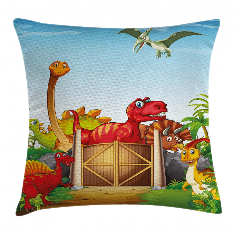 Cartoon Dinosaurs in Park Pillow Cover