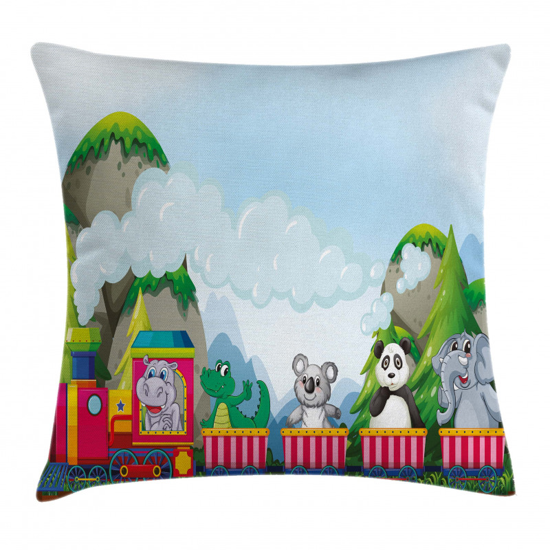 Cartoon Animals on Train Pillow Cover