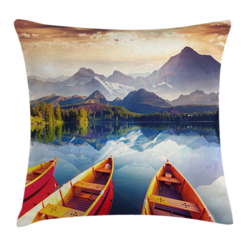 Mountains Shore Boats Pillow Cover