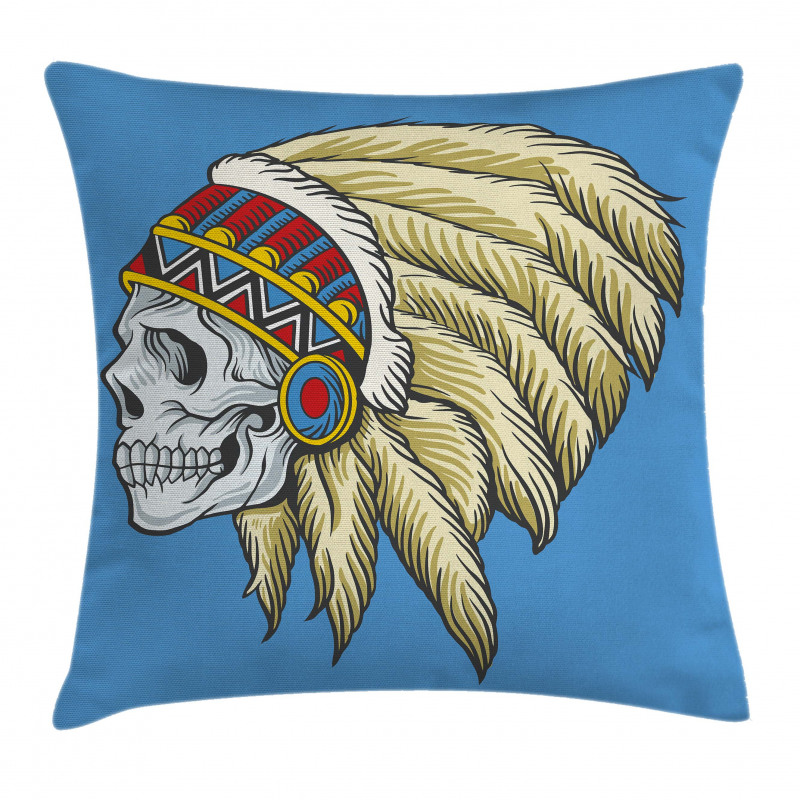 Skull with Feathers Folk Pillow Cover