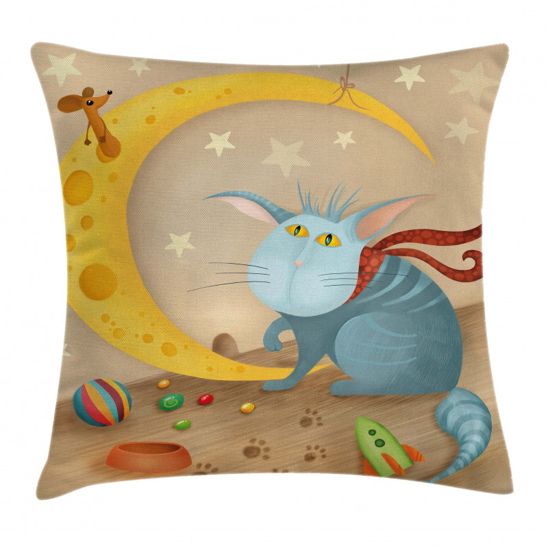 Cat Mouse Crescent Moon Pillow Cover
