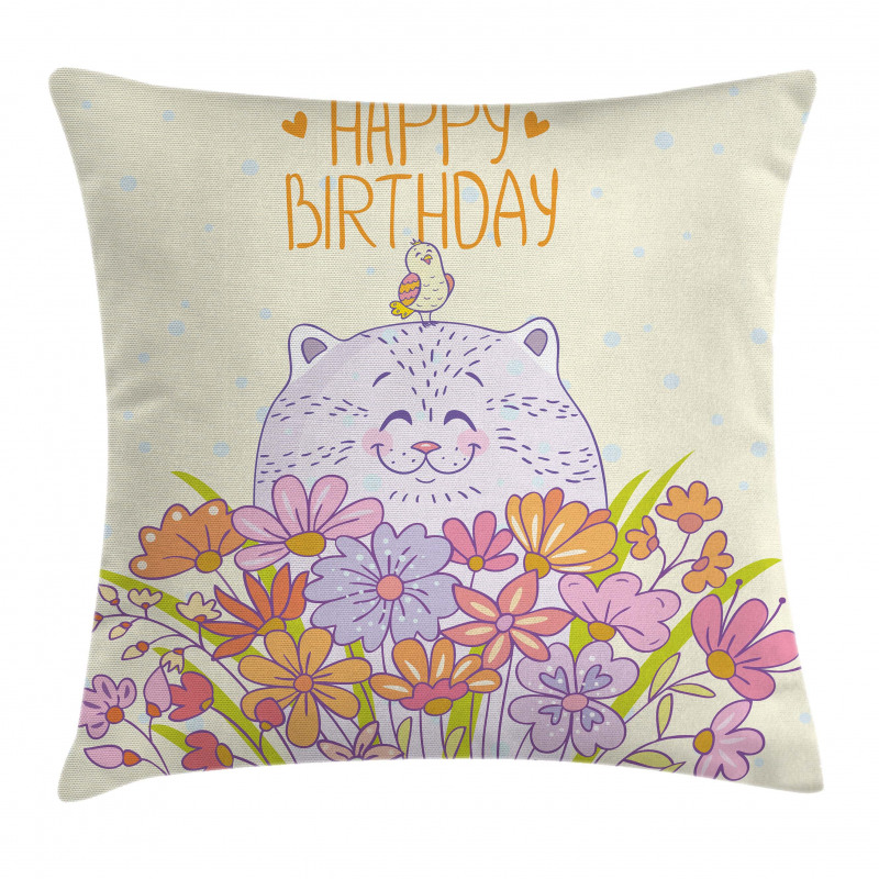 Happy Cat Bird Flowers Pillow Cover
