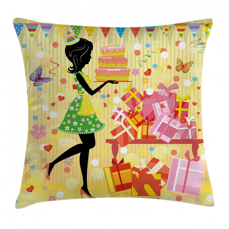 Woman with Birthday Cake Pillow Cover