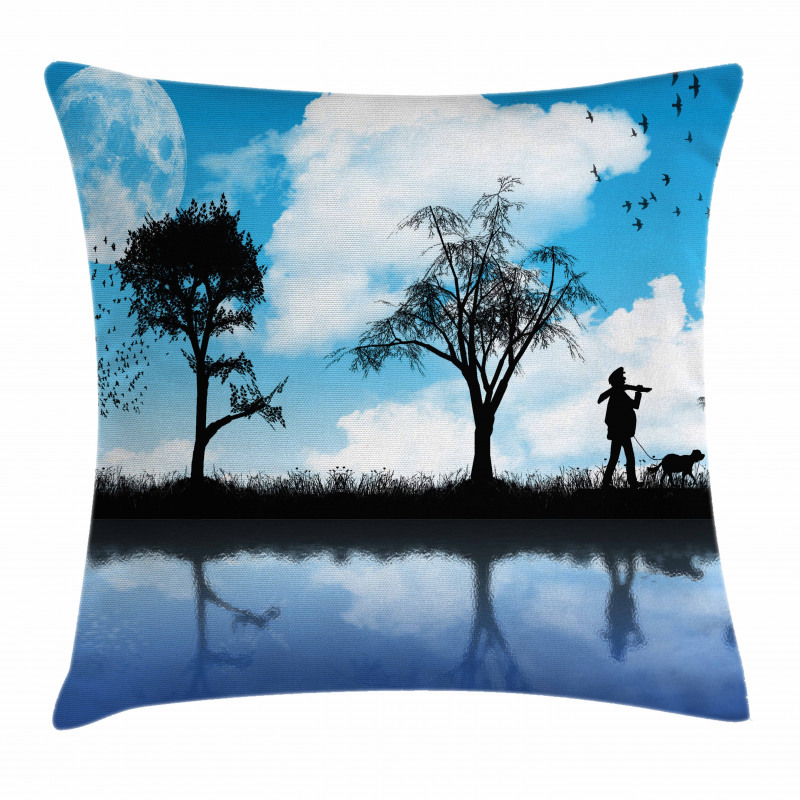 Man Dog Lake Tree Moon Pillow Cover