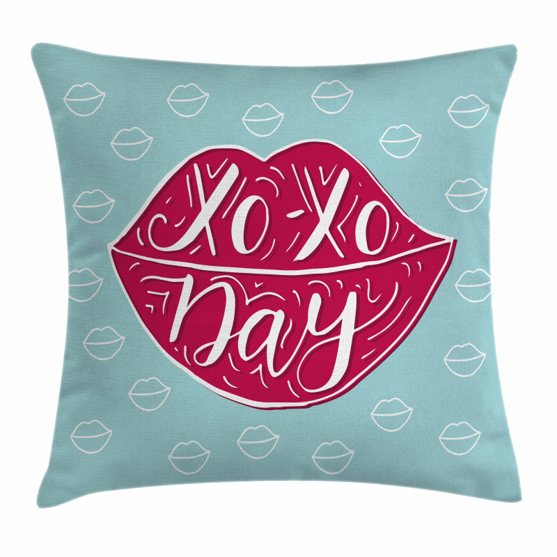 Woman Lips and Phrase Kisses Pillow Cover