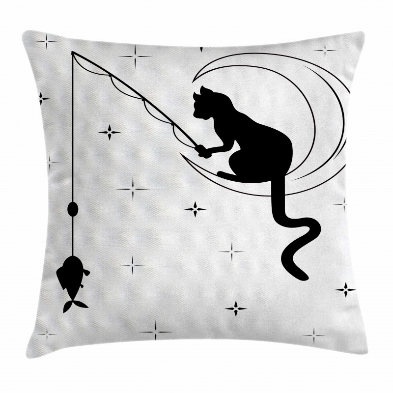 Fishing Kitty on Moon Art Pillow Cover