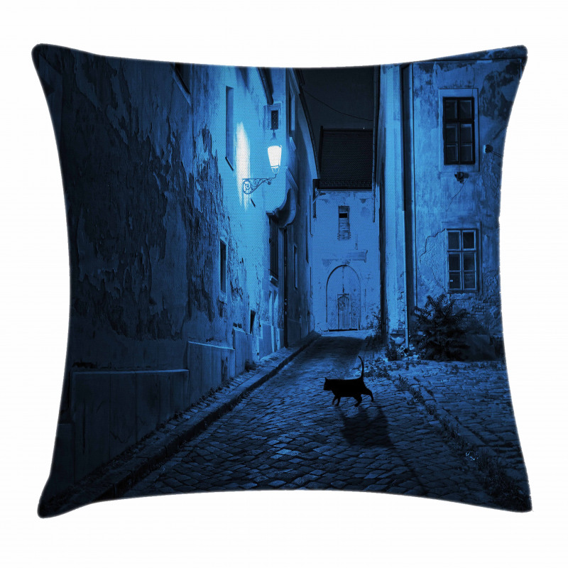 Black Cat Deserted Street Pillow Cover