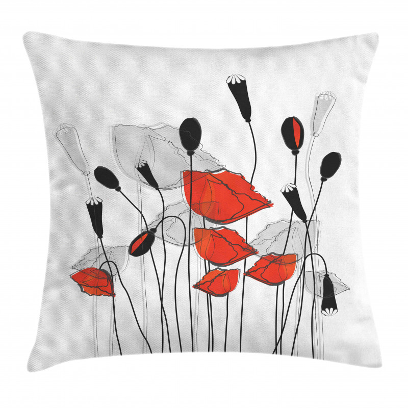 Hand Drawn Poppy Flowers Pillow Cover