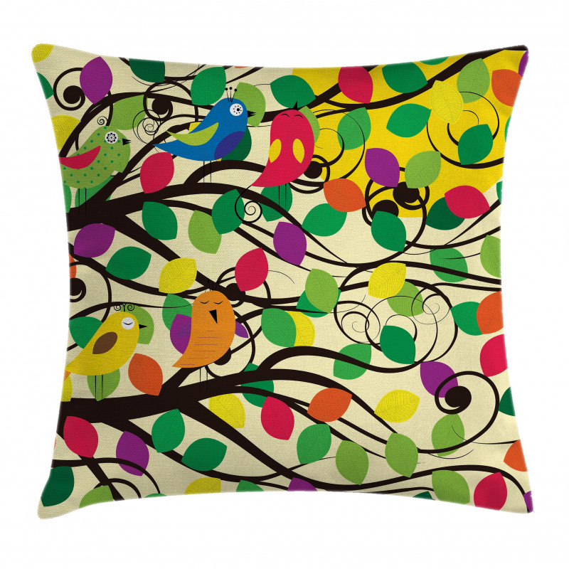Happy Birds Colorful Tree Pillow Cover