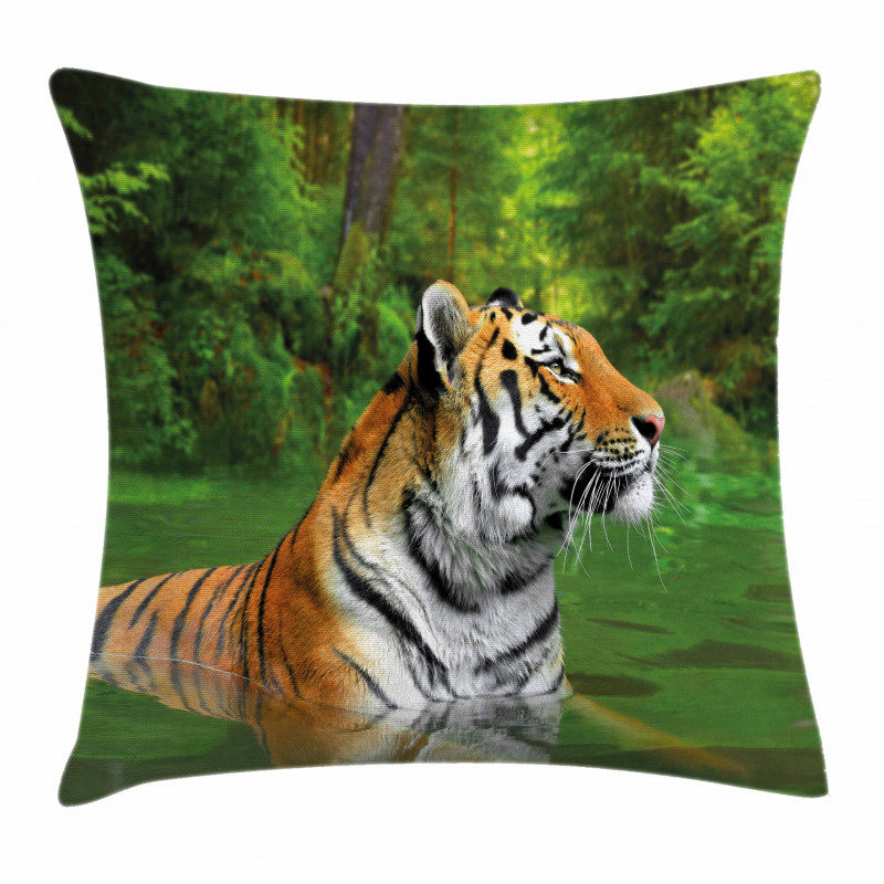 Siberian Wild Cat in Lake Pillow Cover