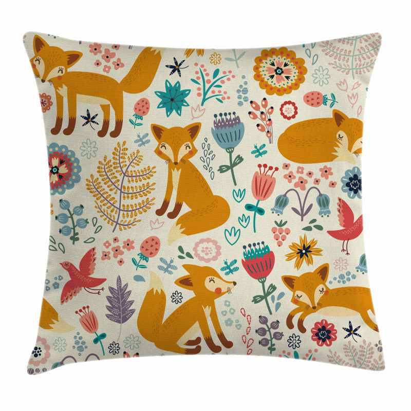 Foxes Ornate Flowers Birds Pillow Cover