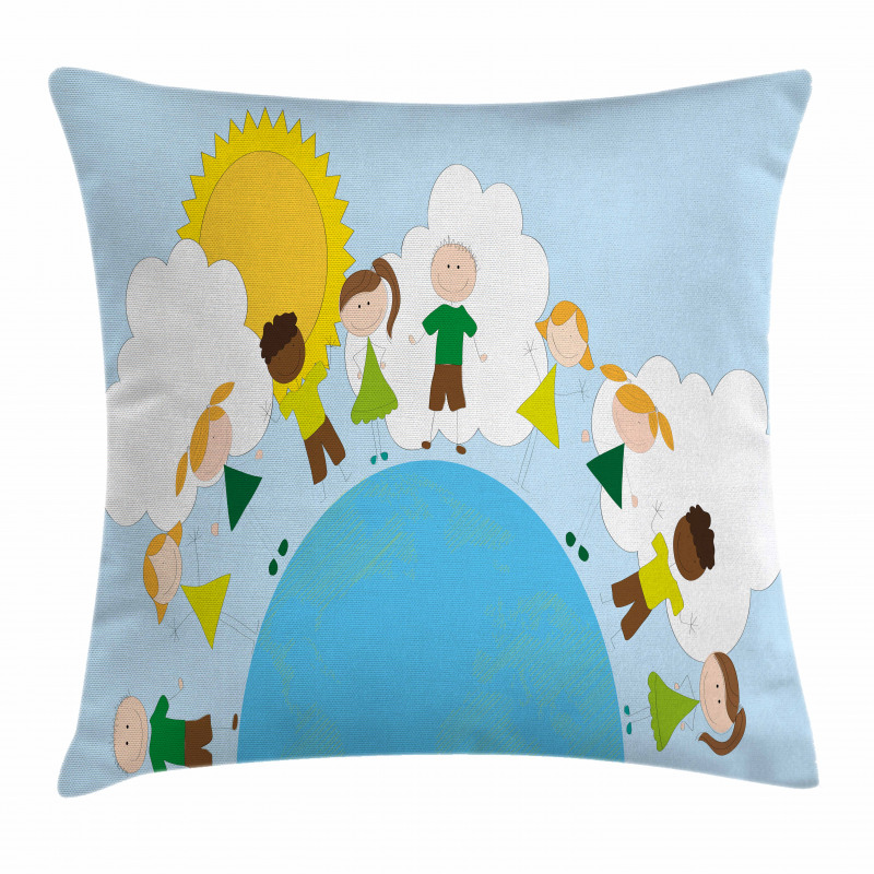 Smiling Kids on Planet Pillow Cover