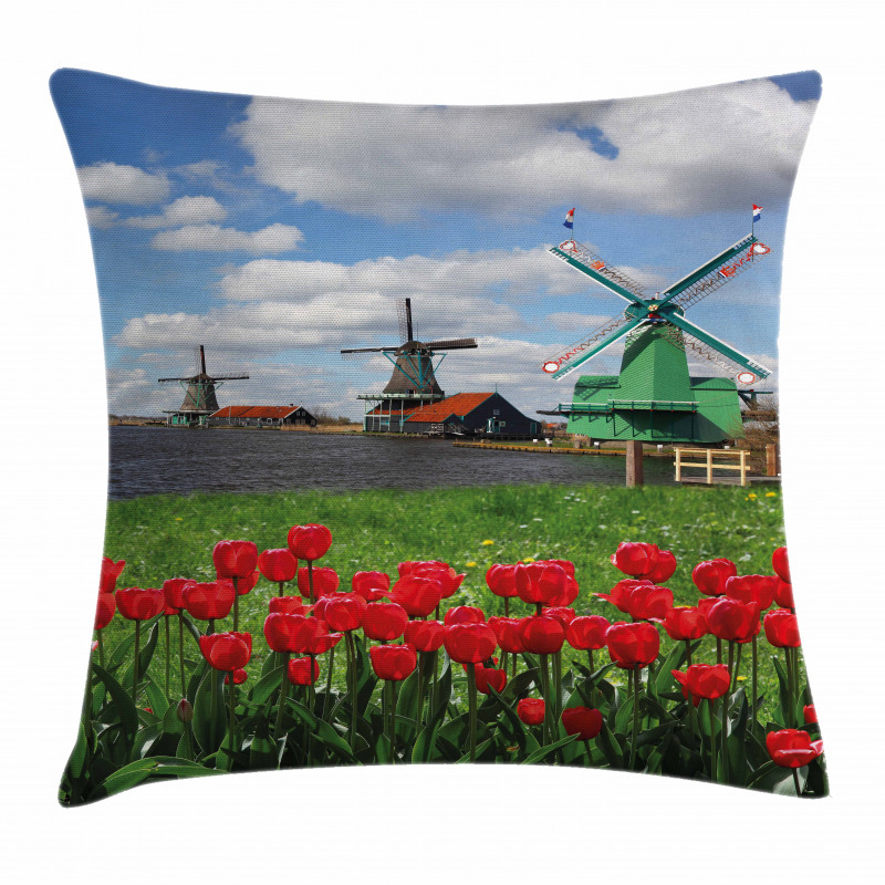 Red Color Tulips Field Pillow Cover