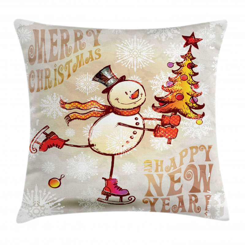 Skating Happy Snowman Pillow Cover