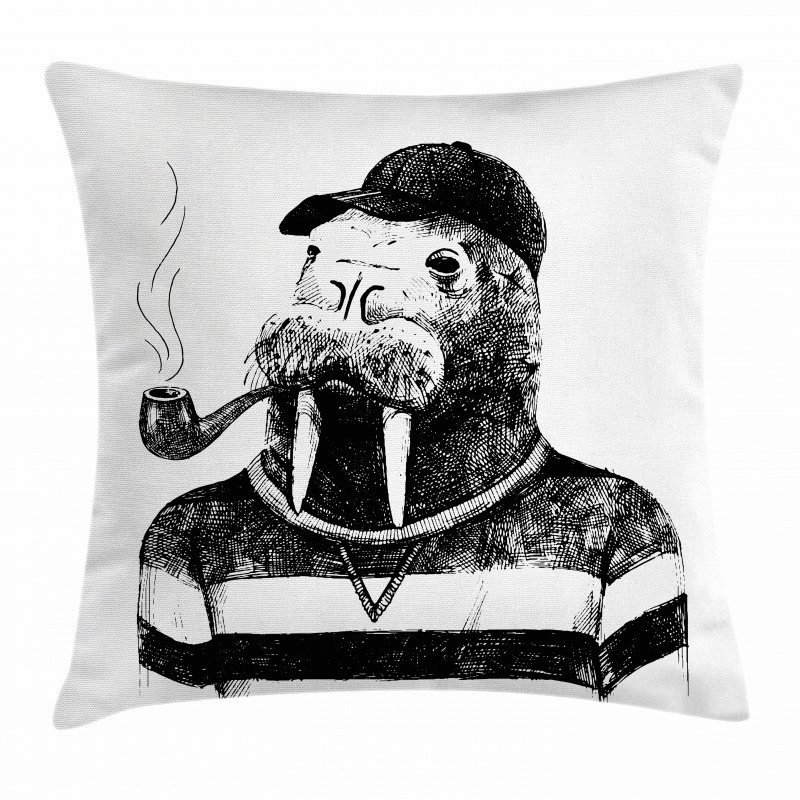 Walrus with Pipe Sketch Pillow Cover