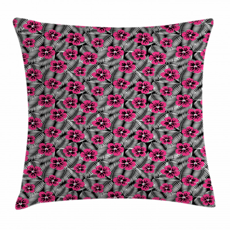 Pink Hibiscus Modern Leaf Pillow Cover