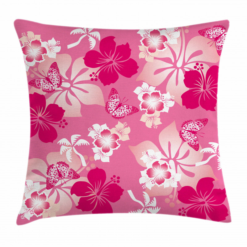 Pink Hibiscus Butterflies Pillow Cover