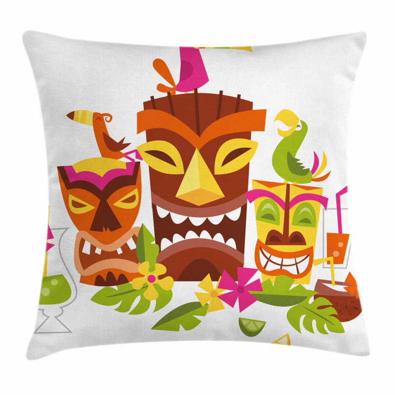 Tiki Masks Drinks Birds Pillow Cover