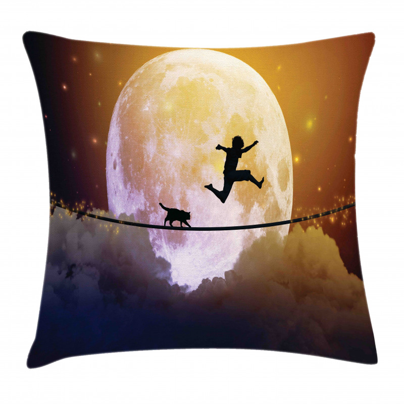 Boy and Cat on Rope Pillow Cover