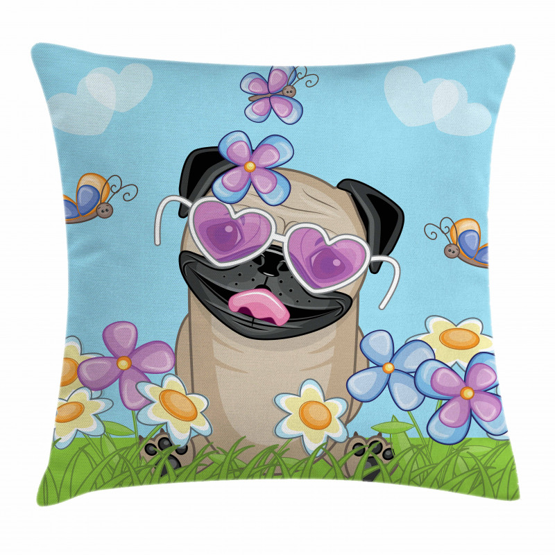 Puppy on the Field Flowers Pillow Cover